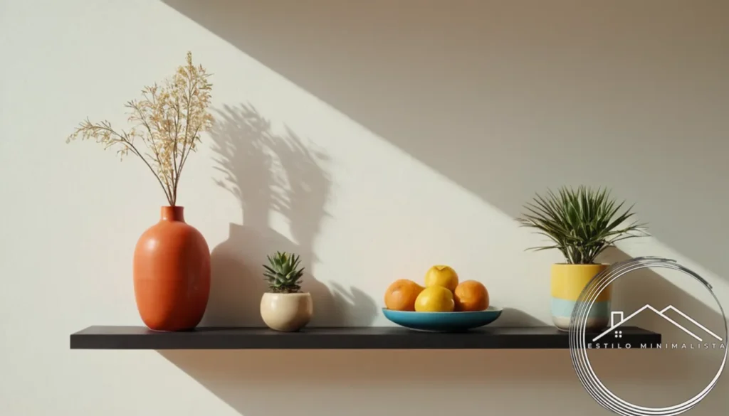 2 minimalist floating shelves with decorative items placed on them.