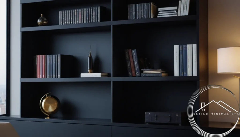 A minimalist black bookshelf in a home office environment.