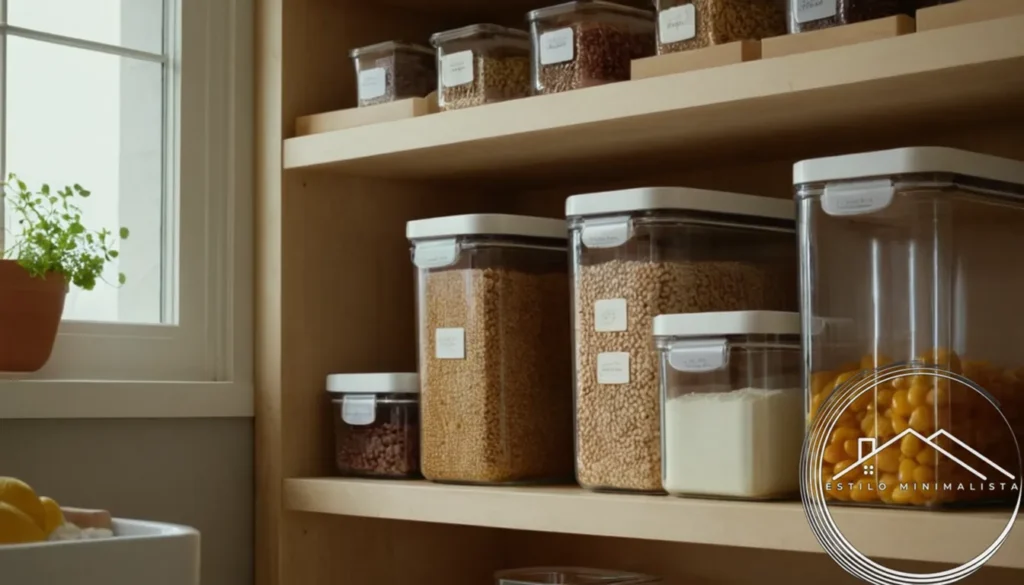 A minimalist pantry with smartly labeled storage containers.