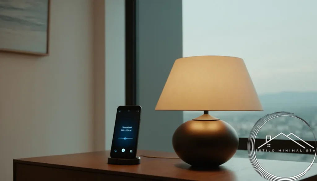 A minimalist lamp being controlled by a smartphone via Bluetooth.
