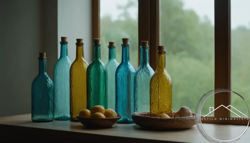 Reused glass bottles in a minimalist and clutter-free home environment.