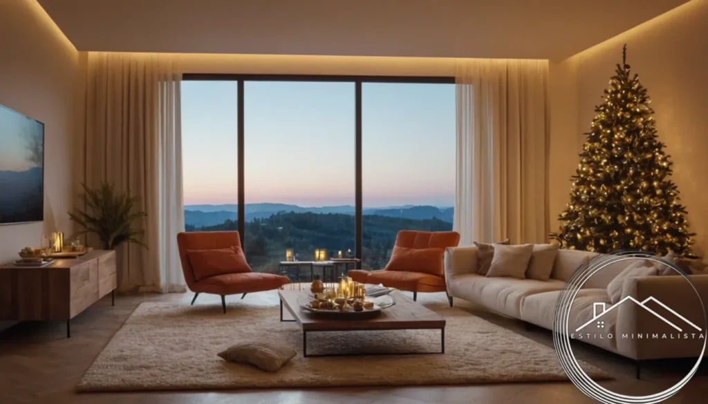 A minimalist holiday living room with tasteful LED lighting.