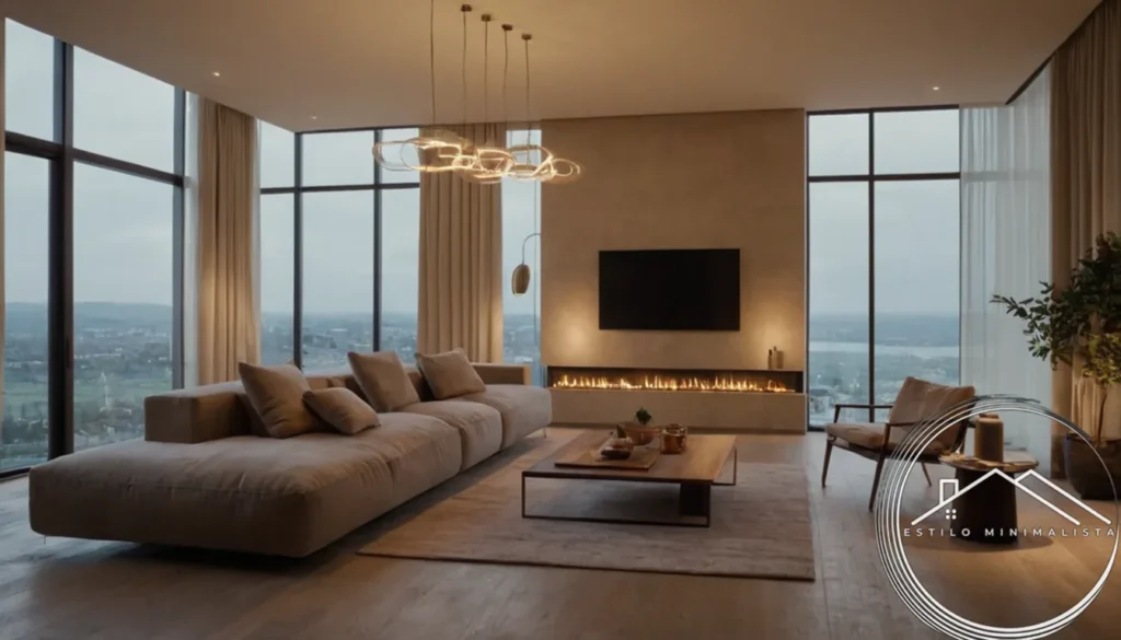A minimalist living room with modern vertical lighting fixtures.