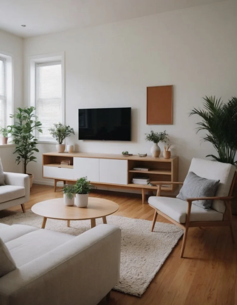 Imagen de una sala minimalista organizada, con muebles esenciales, luz natural y decoración sencilla. Un espacio tranquilo y ordenado.