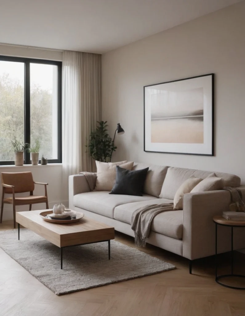 Imagen que representa el concepto de 'menos es más', mostrando un salón minimalista con muebles sencillos, colores neutros y una decoración discreta."