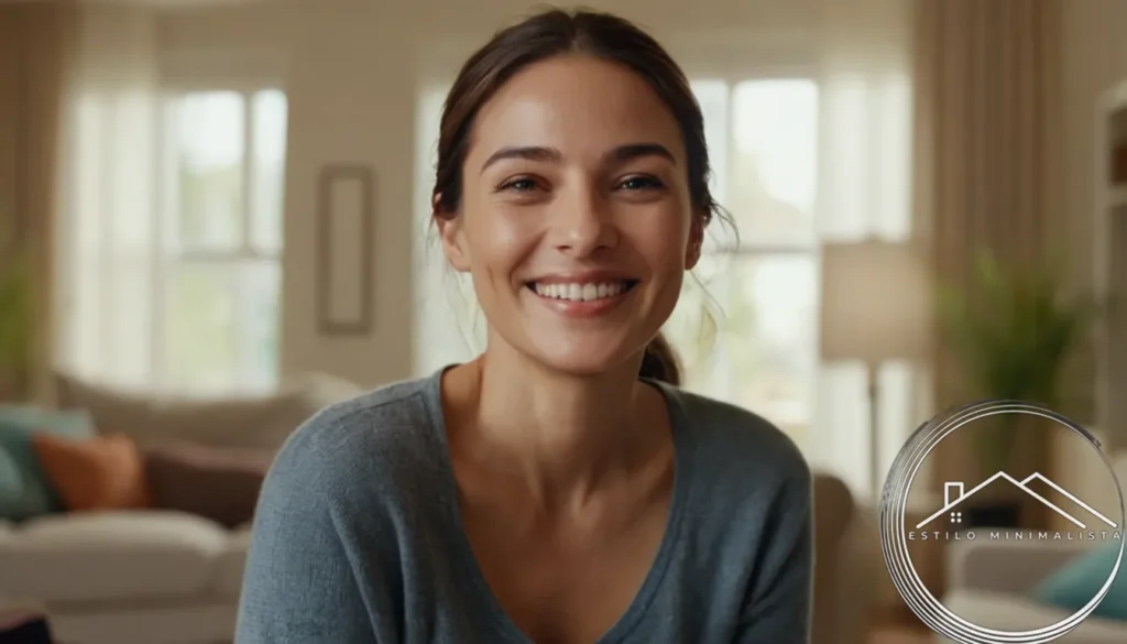 A woman smiling amidst a clutter-free