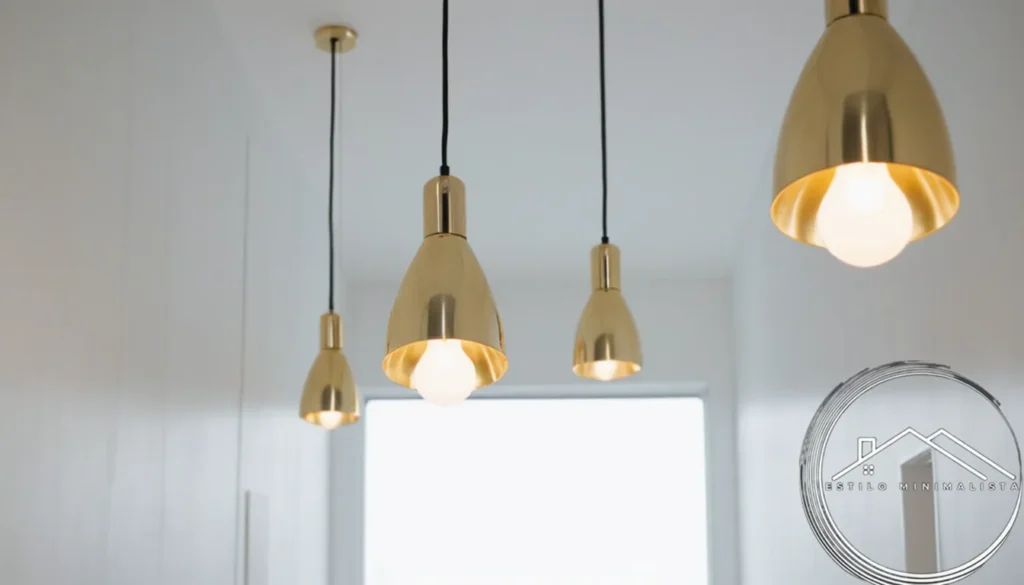 2 minimalist gold pendant lights hanging from an empty white hallway.