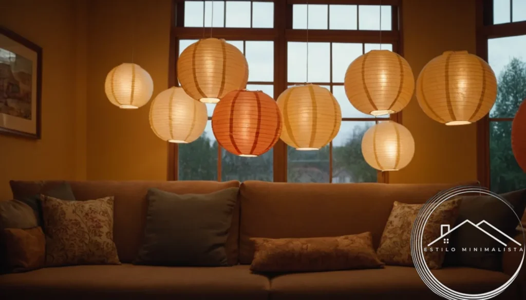 3D paper lanterns hanging in a warm