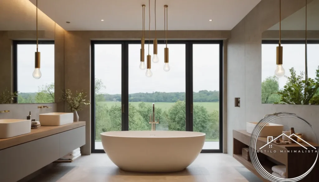 3 minimalist pendant lights in a modern bathroom setting.