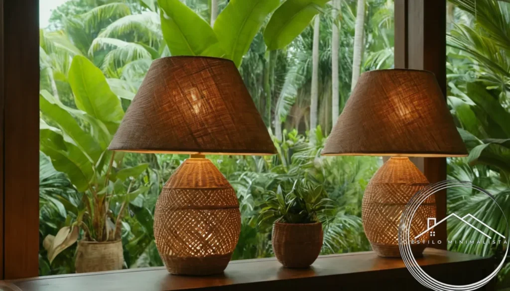 Woven ratan lamps amidst lush tropical greenery indoors.