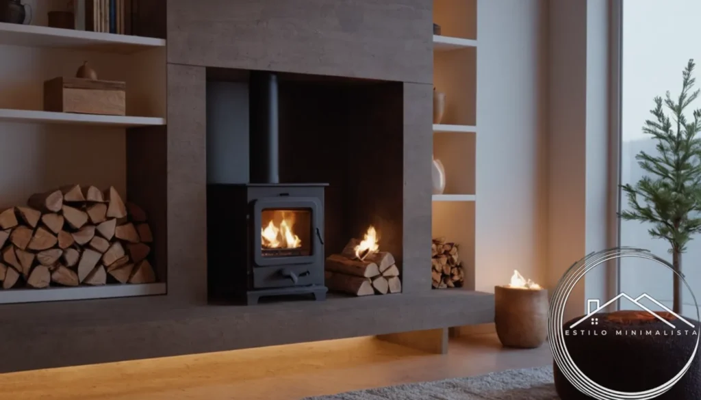 A minimalist bookshelf with a cozy chiminea centerpiece.
