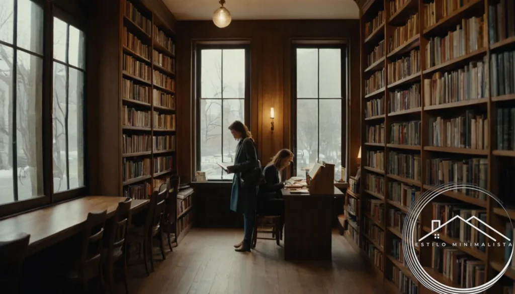 3-4 people browsing small minimalist bookstores or libraries.