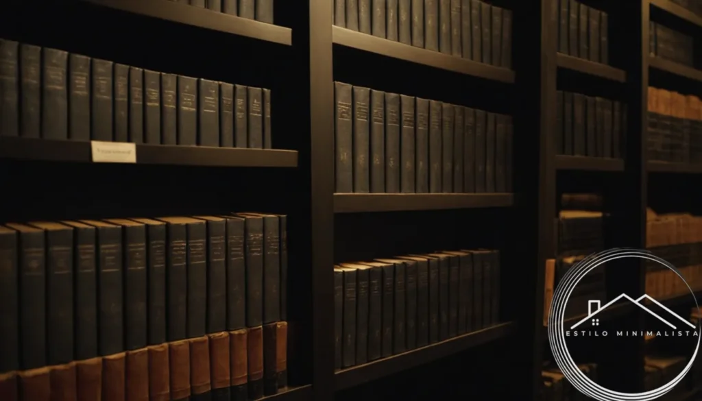 A dimly lit bookstore with stacks of black-covered books.