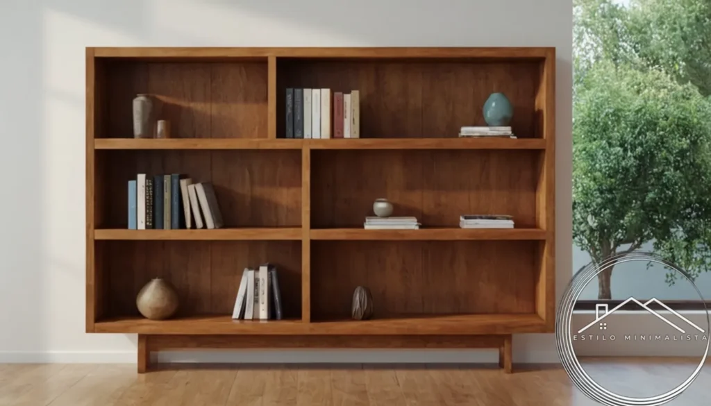 A minimalist wooden bookshelf with sparkling clean surfaces.