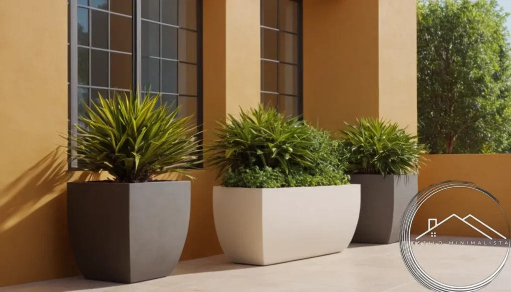 Minimalist planters arranged on an elegant outdoor patio setting.