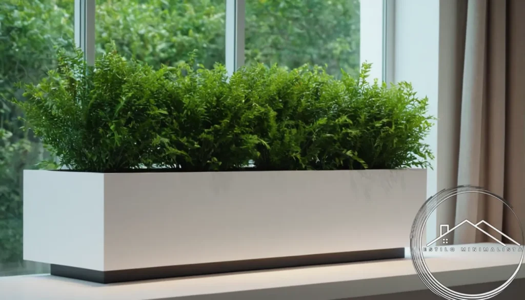 5 minimalist planters with lush greenery on a modern background.