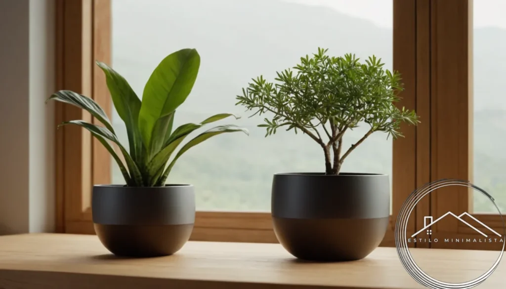 3 minimalist planters on a simple wooden table background.