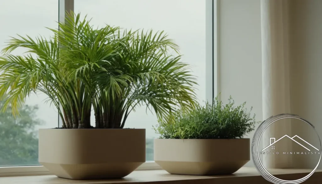 2-3 serene plants in minimalist planters on a natural background.