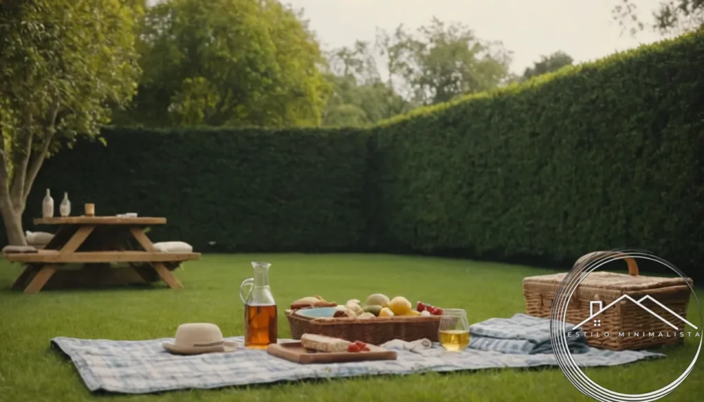 A minimalist picnic setup on a beautifully landscaped garden.