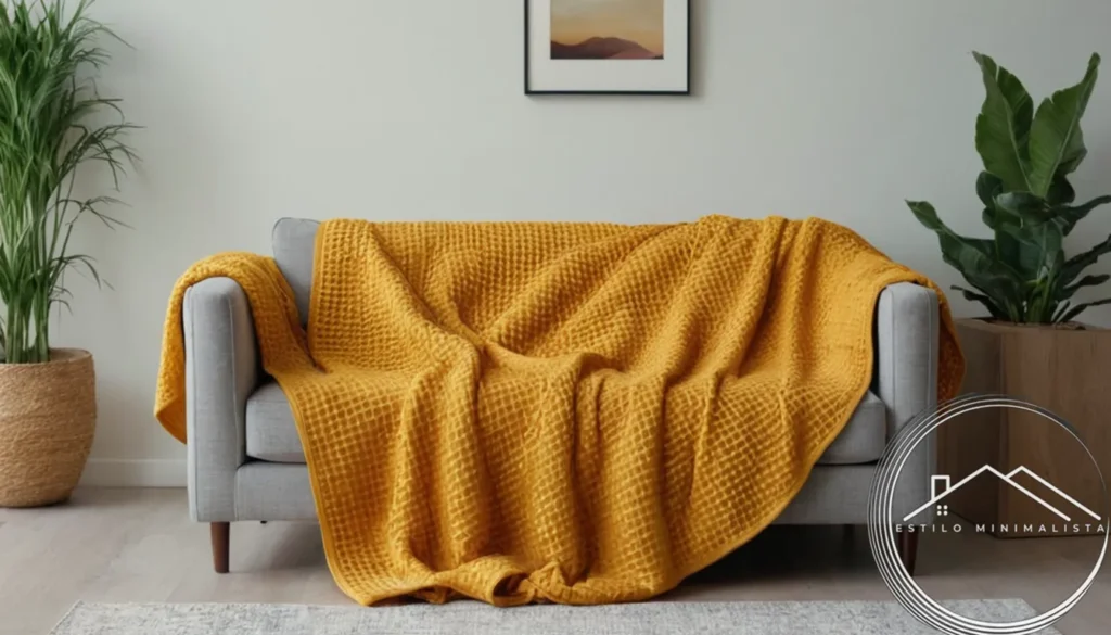 A minimalist waffle pattern throw blanket on a modern sofa.