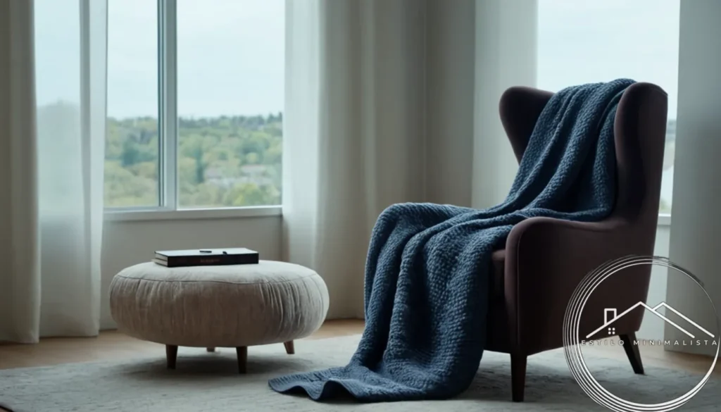 3 minimalist fiber-blankets draped over a modern armchair or sofa.