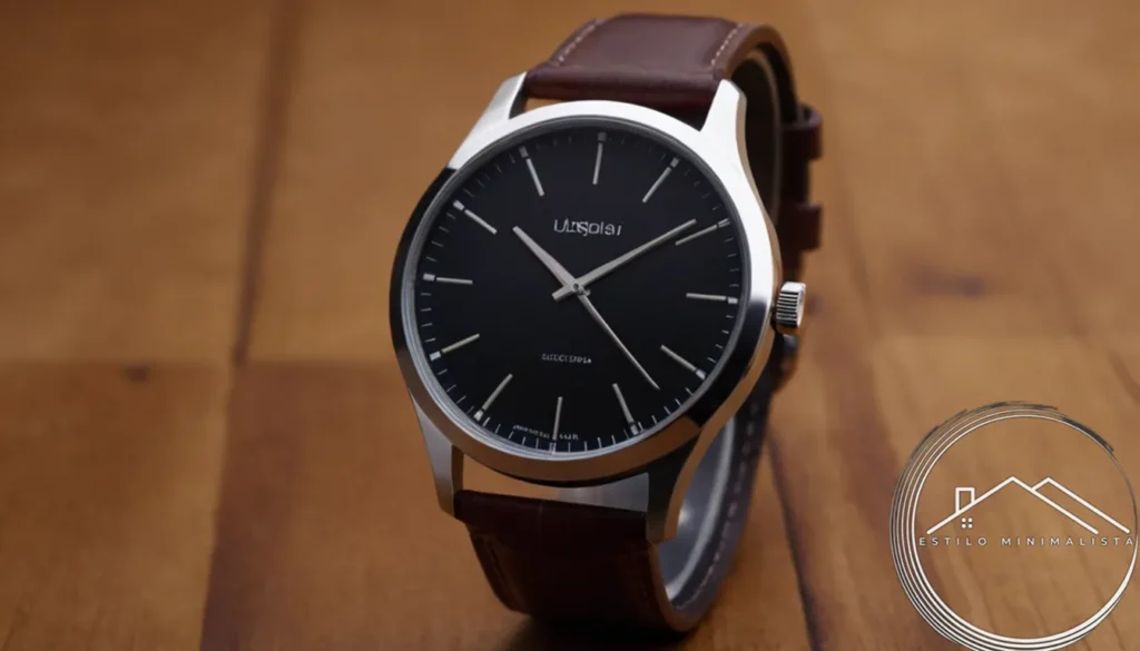 A minimalist metal watch on a simple wooden or leather background.