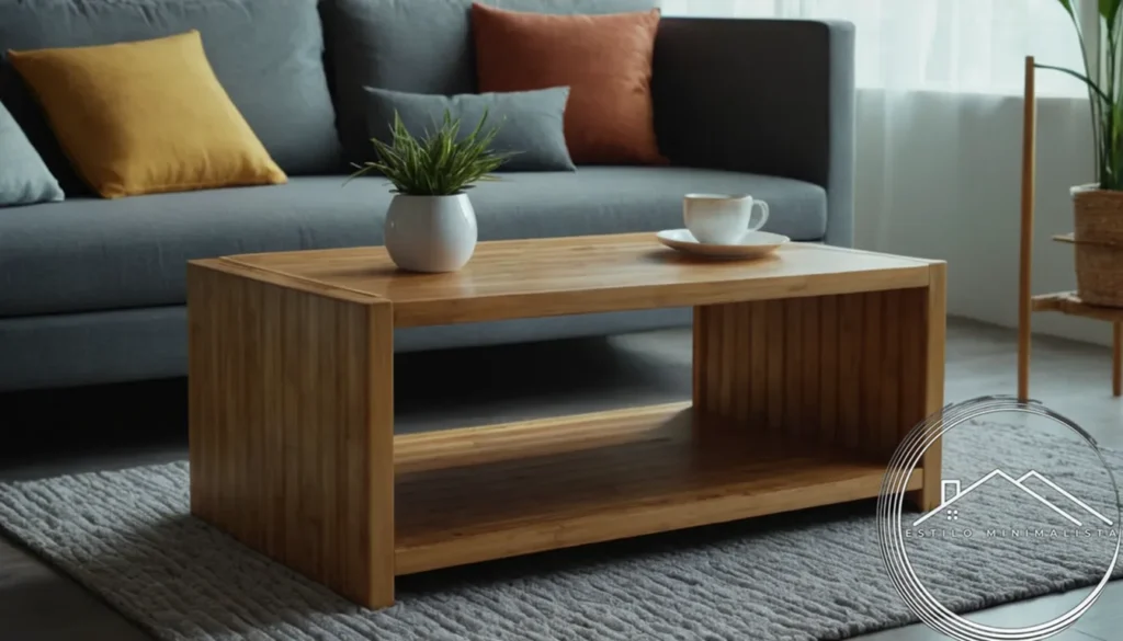 A minimalist bamboo coffee table in a living room.
