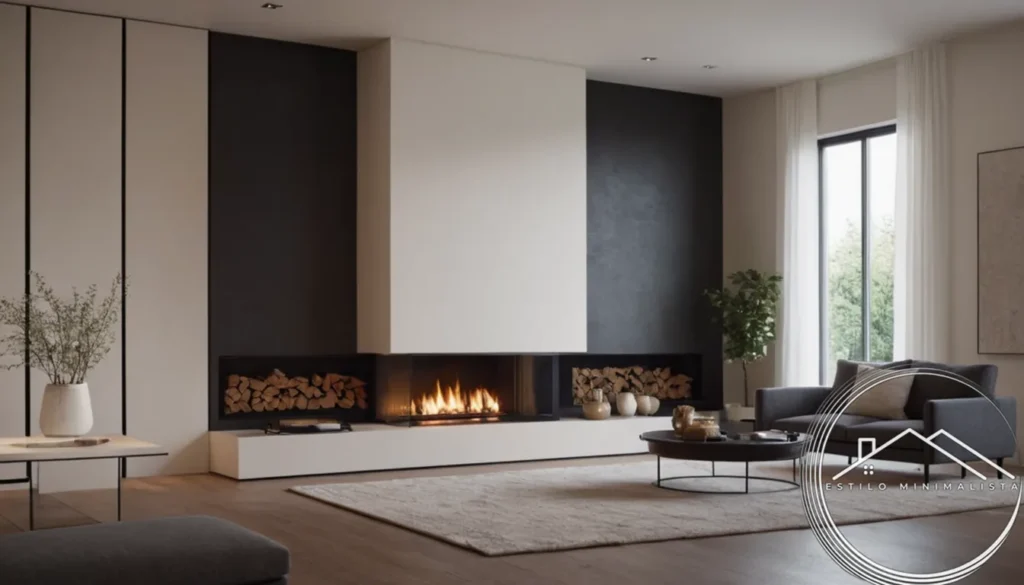 A minimalist living room with a low-centered fireplace.