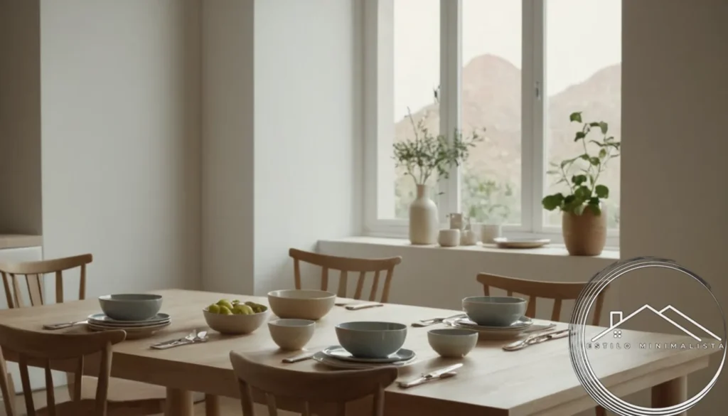 A minimalist dining room with ceramic dinnerware on a simple table.
