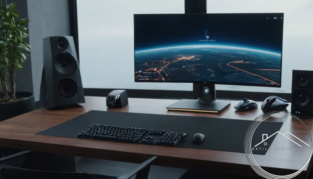 A minimalist desk setup with gaming peripherals and devices.
