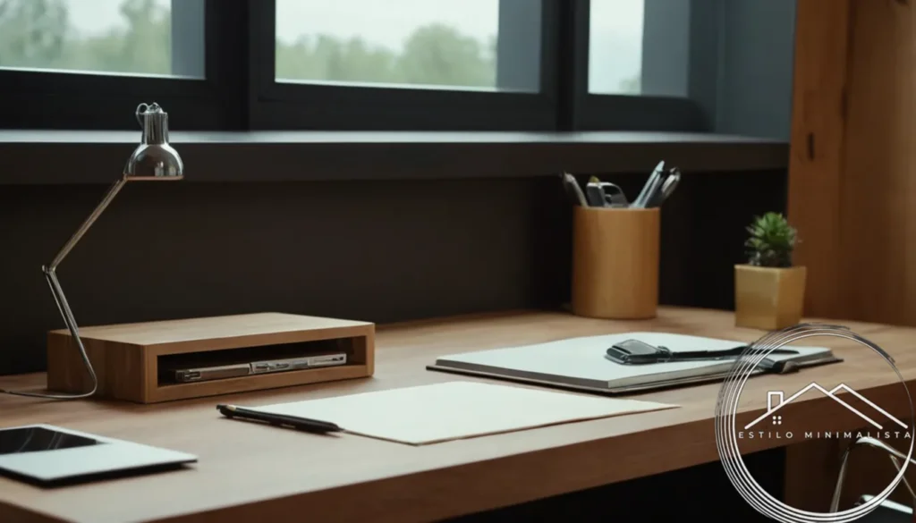 Simple wooden desk with built-in holder and modern office tools.