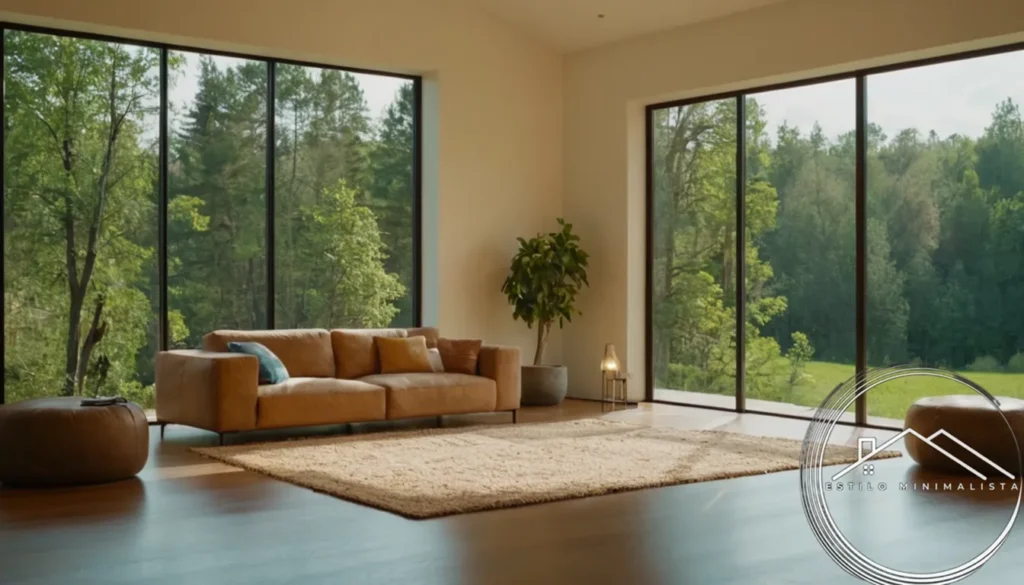 A serene minimalist living space with calming nature elements nearby.