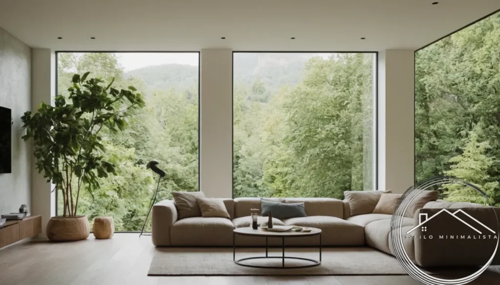 A minimalist living space incorporated with lush natural elements.