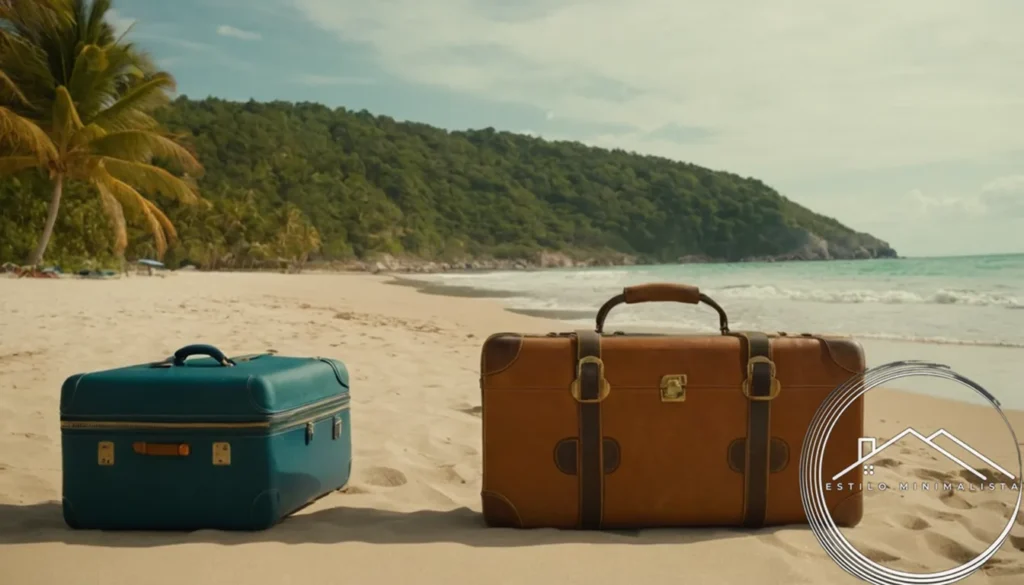 A serene beach setting with minimal luggage and belongings.