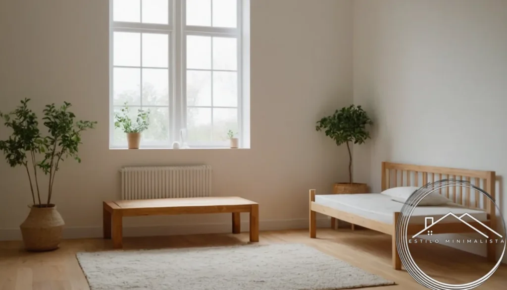 Simple wooden furniture in a minimalist room with light walls.