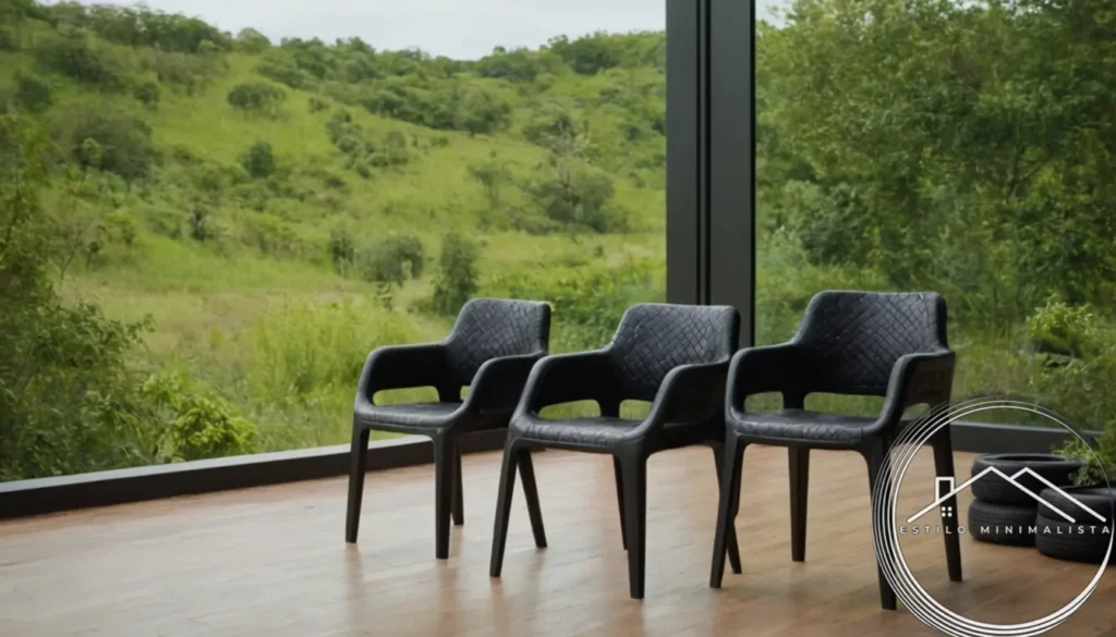 minimalist chairs made from recycled tires in natural setting.
