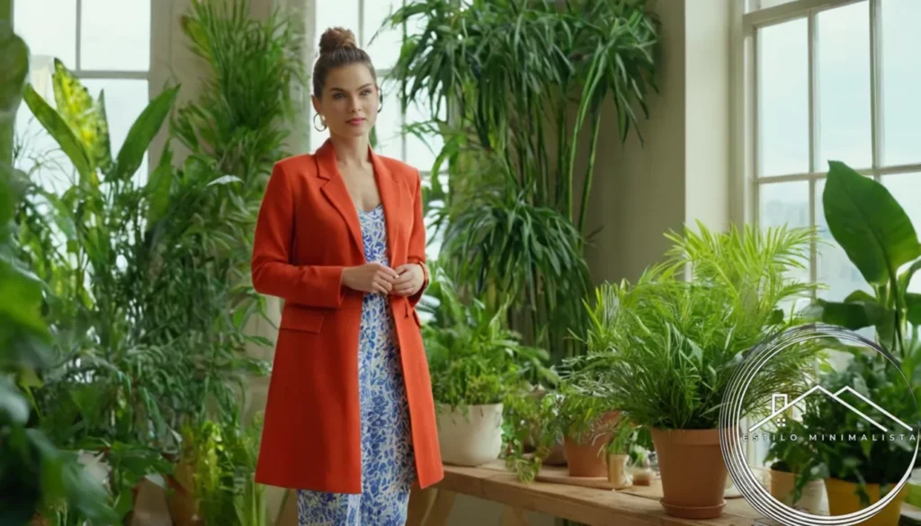 a vibrant outfit on a sustainable fashion background with plants.