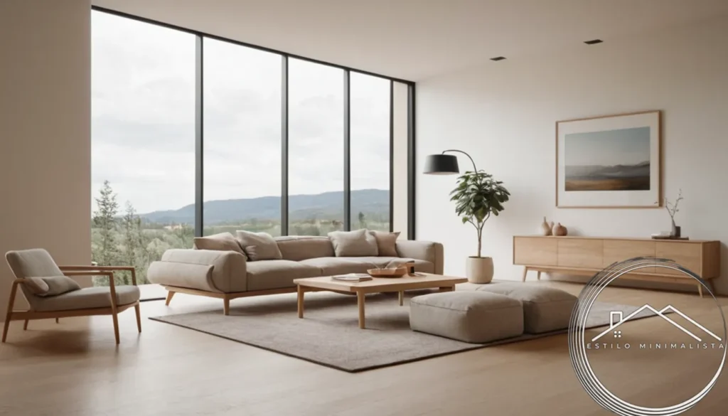A minimalist living room with light wood accents and subtle furniture.