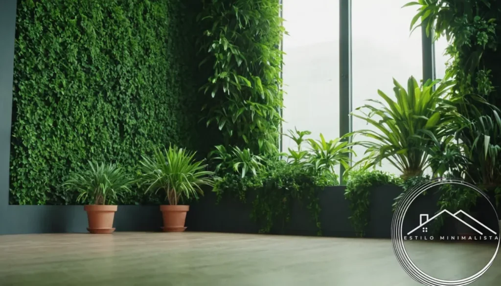 A serene room with green plants on a wall.