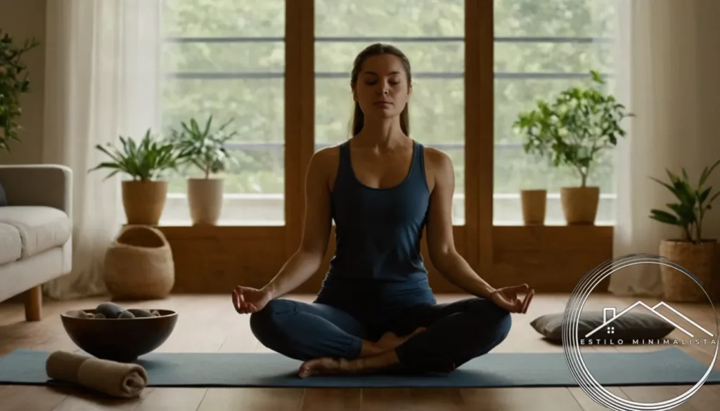 A minimalist woman meditating amidst a clutter-free