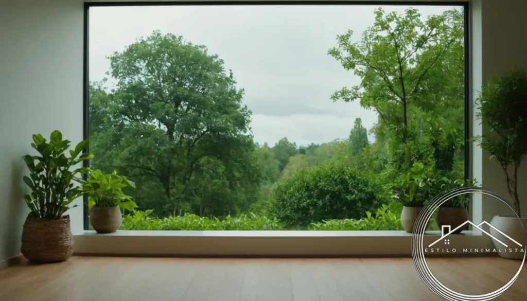 A serene minimalist living space with greenery.