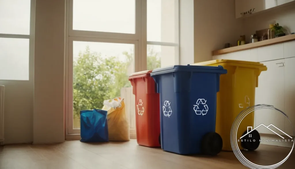 A person recycling at home with colorful bins nearby.