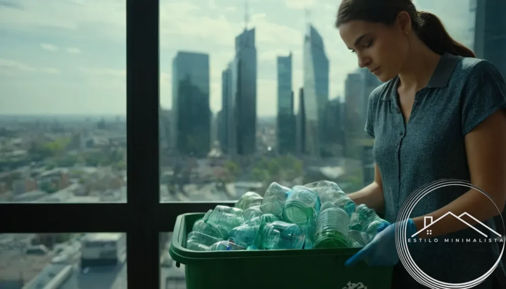 2 people recycling glass waste with a cityscape in background.