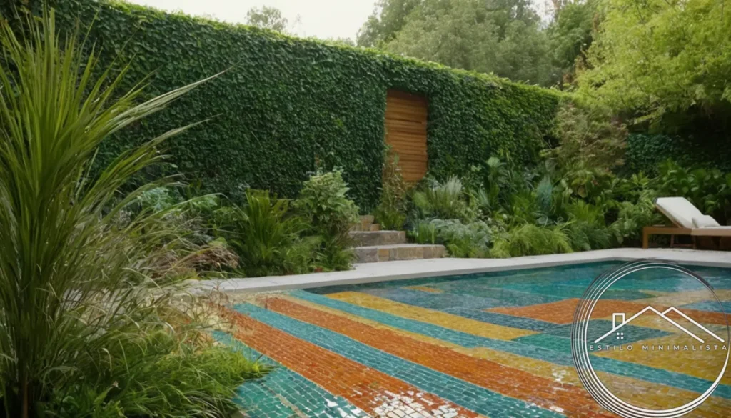 Vibrant glass mosaics incorporated into lush gardens and minimalist architecture.
