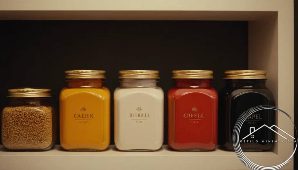 4 minimalist-framed jars with different colors and labels.