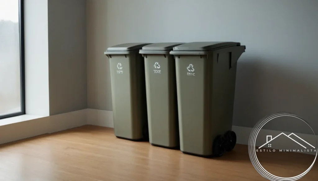 3 beautifully recycled rolling trash cans with minimalist decor.