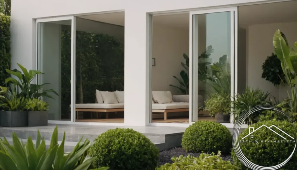 A serene outdoor setting with modern minimalist decor and plants.