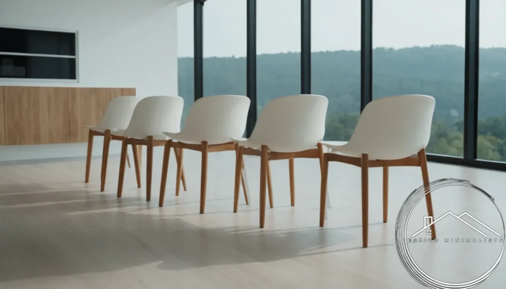 5 sleek white minimalist chairs with natural wood accents.