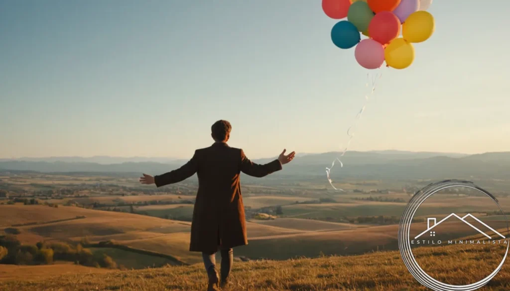 A minimalist landscape with a peaceful person releasing balloons.