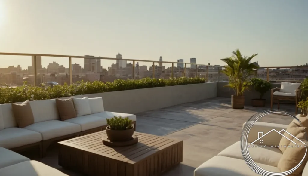 A serene urban rooftop patio with minimalist decor.